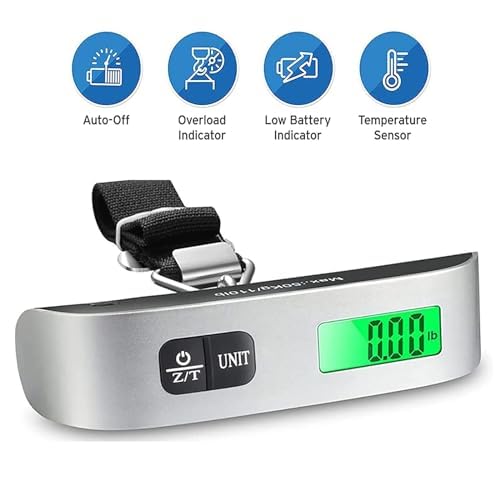 Digital Luggage Scale, Handheld Suitcase Scale with Backlit LCD Display, 110 lbs/50kg Portable Baggage Weighing Scale with Temperature Sensor for Travelers (Pewter)