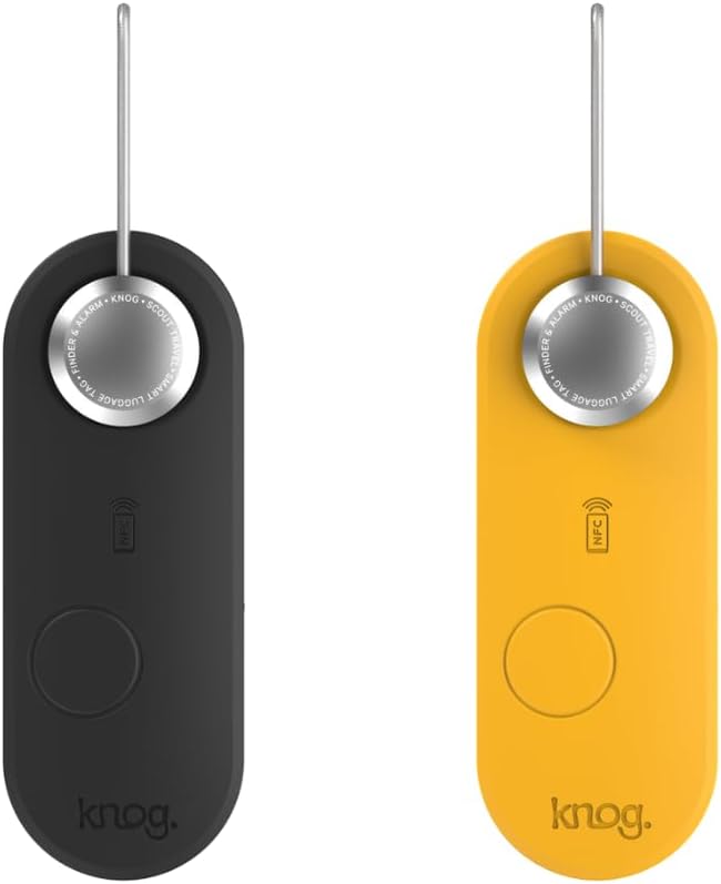 Knog Scout iOS Twin Pack Smart Tag, Tracker & 85dB Alarm – Rechargeable Luggage Tag Compatible with iOS App & Apple Find My, Digital Contact Info, Remote Chime, Water-Resistant, Black/Yellow