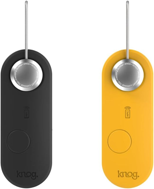 Knog Scout iOS Twin Pack Smart Tag, Tracker & 85dB Alarm – Rechargeable Luggage Tag Compatible with iOS App & Apple Find My, Digital Contact Info, Remote Chime, Water-Resistant, Black/Yellow