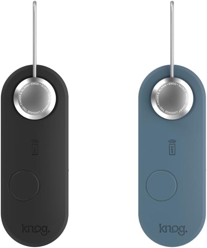 Knog Scout iOS Twin Pack Smart Tag, Tracker & 85dB Alarm – Rechargeable Luggage Tag Compatible with iOS App & Apple Find My, Digital Contact Info, Remote Chime, Water-Resistant, Black/Blue