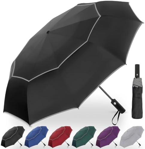 Satol Extra Large Golf Umbrella, 46/54/62 Inch Windproof 10 Ribs Vented Double Canopy Reflective Strips Automatic Open/Close Waterproof UV Protection Portable Compact Umbrella for Outdoor & Travel