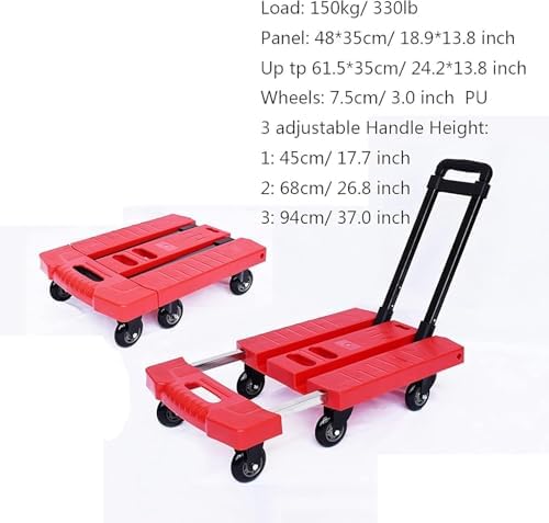 Heavy-Duty Folding Hand Truck with 6 Wheels - Lightweight Compact Trolley for Home, Office & Travel - 330lbs Capacity, Adjustable Handle, Red - Perfect for Moving Luggage & Supplies