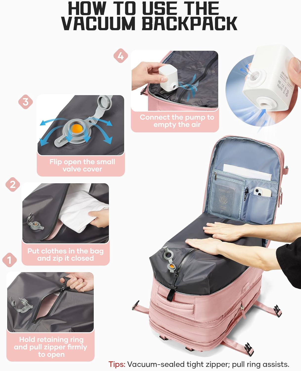 Vacuum Compression Travel Backpack with Electric Pump, Expandable Carry-On Size, Airline Approved Under Seat Bag, Laptop Compartment & USB Charging, Pink