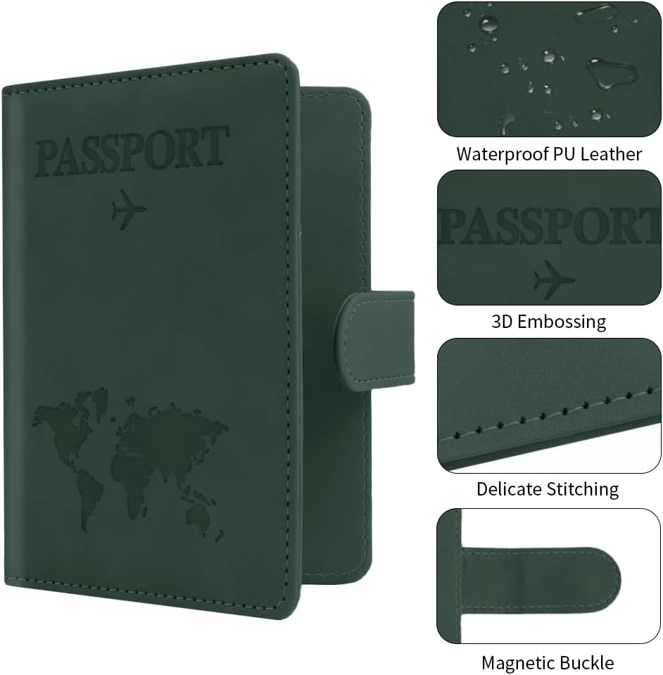 Passport Holder for Travel, Passport Cover Wallet, Premium PU Leather Passport Book Card Holder Case for Women Men, Waterproof RFID Blocking Flying Travelling Essentials Vacation Must Haves, Green