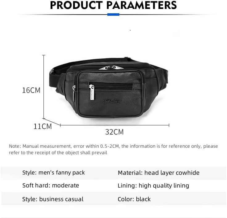 leather Fanny pack, Outdoor travel waist Pack Cowhide Leather Large Size 2 Pockets waist bag.Suitable for outdoor mountaineering, travel, camping, cycling, running, etc.（black-E）