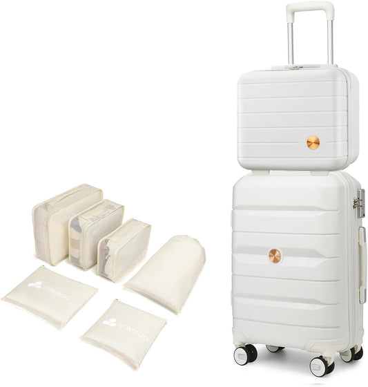 Somago 20 Inch Carry On Luggage Sets Hardside Suitcase with Double Spinner Wheels and TSA Lock YKK Zipper (Creamy White,14/20)