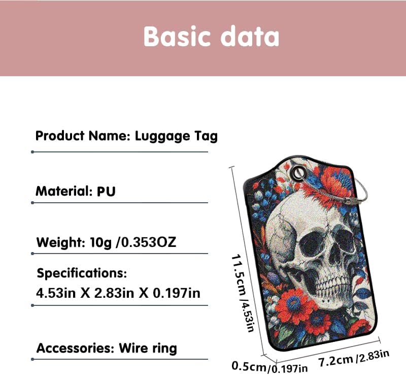 2 Pack SkullFlower Leather Luggage Tags for Suitcases, Travel Bag Tags with Privacy Cover ID Label with Stainless Steel Loop for Women Men Girls Backpack Gift (Grey Red)