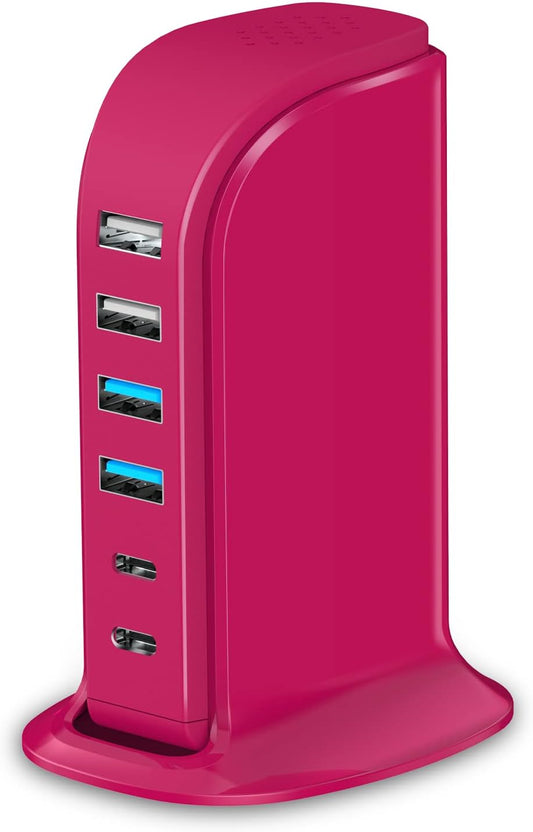 USB Charging Station Multiports Upoy, Charging Hub 6 Ports Dual Type-C, USB Tower Fast Charging for Tablets, Cellphones, Smart Watch, and More Electronic Gadgets, Portable Design, Travel Essentials
