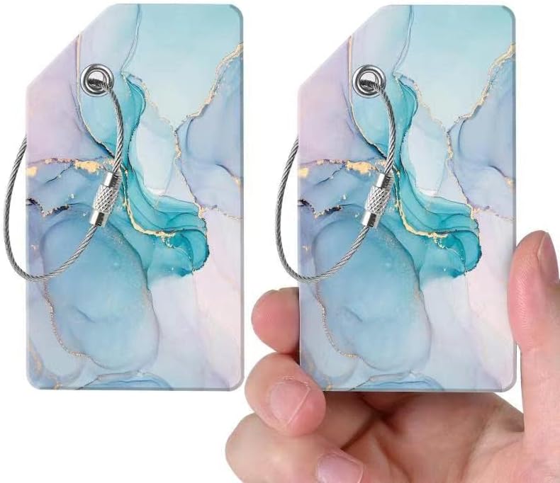 2 Luggage Tags, (1" Smaller Than Traditional) Perfect for Quick Luggage Identification with Stainless Steel Ring and Address Card for Travel and Luggage (Blue Marble)