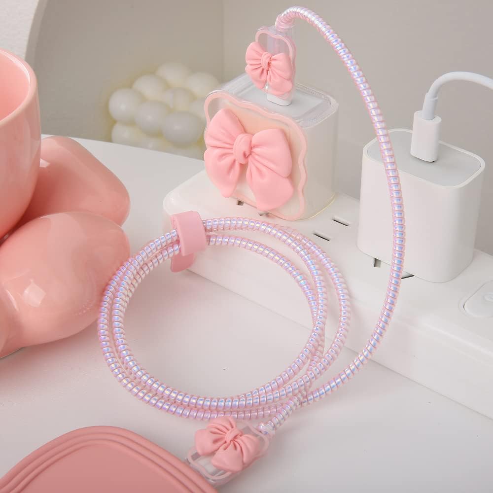 Compatible with iPhone 18W/20W USB-C Charger Cover Cute 3D Bow Tie Design Clear Soft Charger Protector Kawaii Cable Saver for iPhone 11 12 13 14 Pro Max Fast Power Adapter, Pink 2 (5in1)
