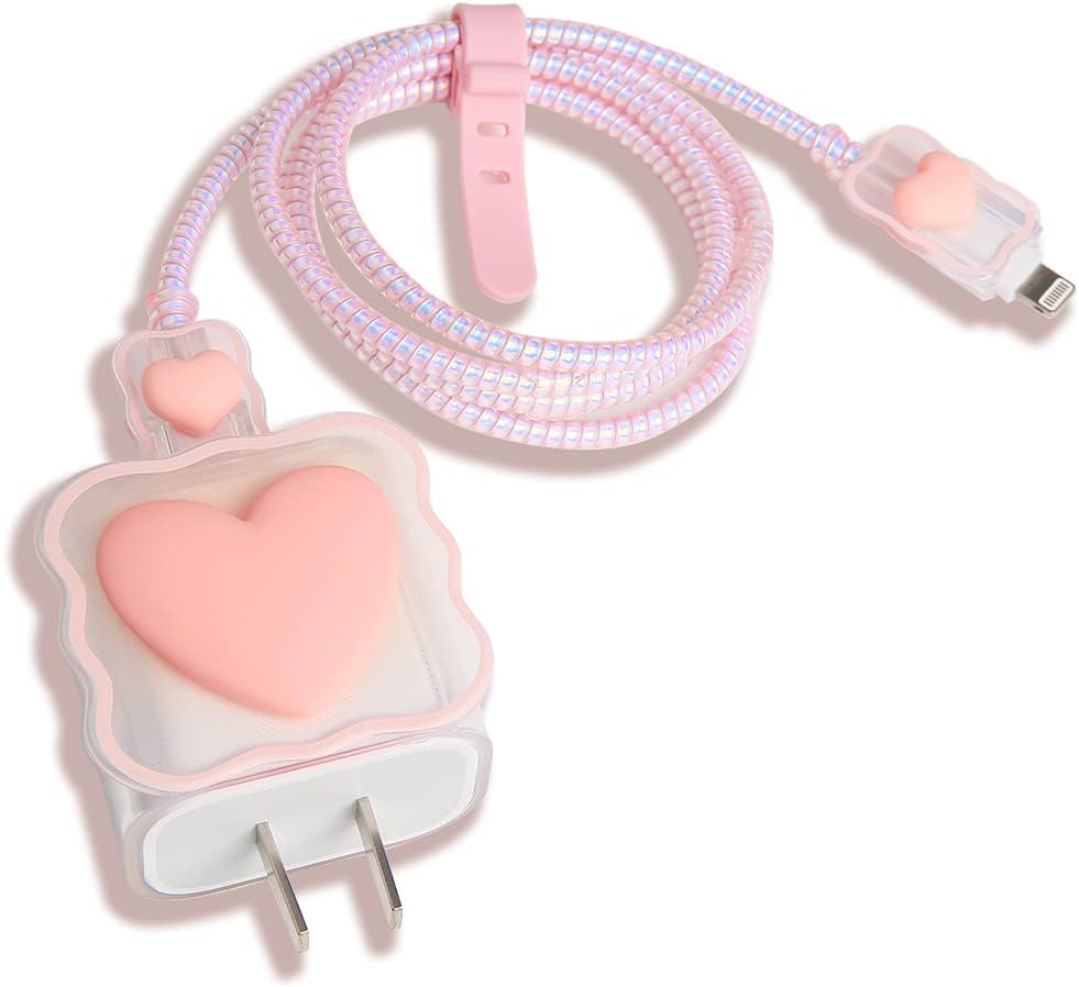 Compatible with iPhone 18W/20W USB-C Charger Cover Lovely 3D Love Heart Waves Clear Soft Charger Protector Cute Cable Saver for iPhone 11 12 13 14 Pro Max Fast Power Adapter, Pink 1 (5in1)