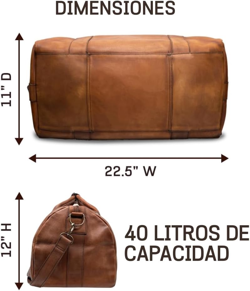 Full Grain Leather Duffle Bag – 40L Travel, Gym & Carry-On Weekender for Men | Handcrafted Overnight Bag with Brass Hardware, Vintage Style