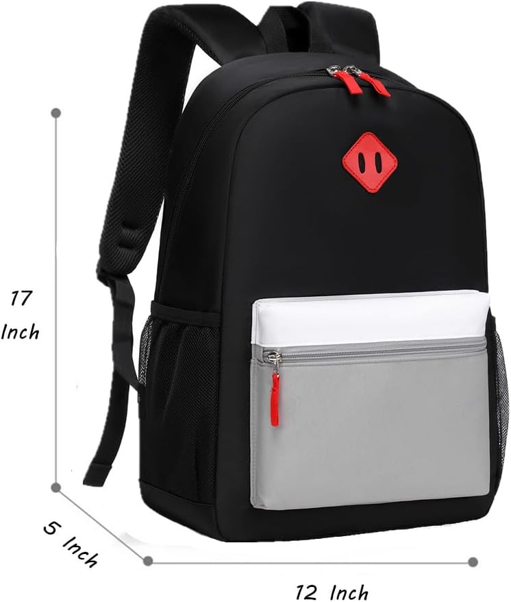 Kids Backpack Lunch Box Set Elementary School Backpacks 5-9 Years for Boys and Girls with Chest Buckle (Set Black Grey, Large-17 H)