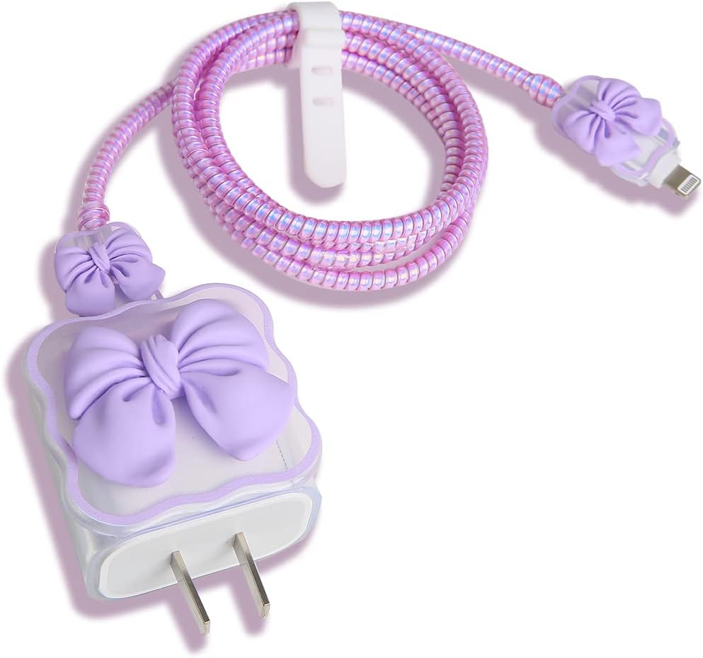 Compatible with iPhone 18W/20W USB-C Charger Cover Cute 3D Bow Tie Design Clear Soft Charger Protector Kawaii Cable Saver for iPhone 11 12 13 14 Pro Max Fast Power Adapter, Purple 2 (5in1)