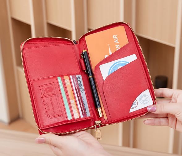 Unisex genuine leather wallet multifunctional RFID travel passport holder with protective cover (Red)