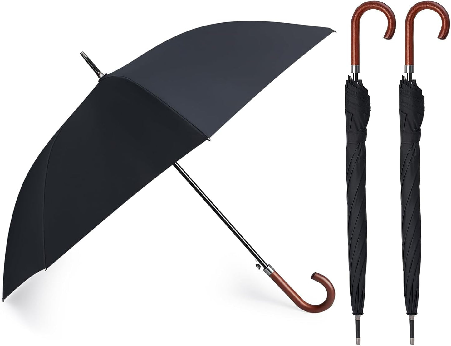 Silkfly 48 Inch Auto Open Umbrella Wooden J Stick Vintage Handle Windproof Unbreakable Wedding Fast Drying Rain Umbrella