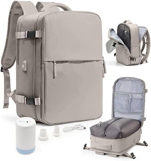 Vacuum Seal Travel Backpack with Air Pump,Compression Vacpack Waterproof Carry On Backpack for Travel Women Men with Vacuum System,Airlines Approved Daypack Laptop Space Saver Bags,GreyBrown