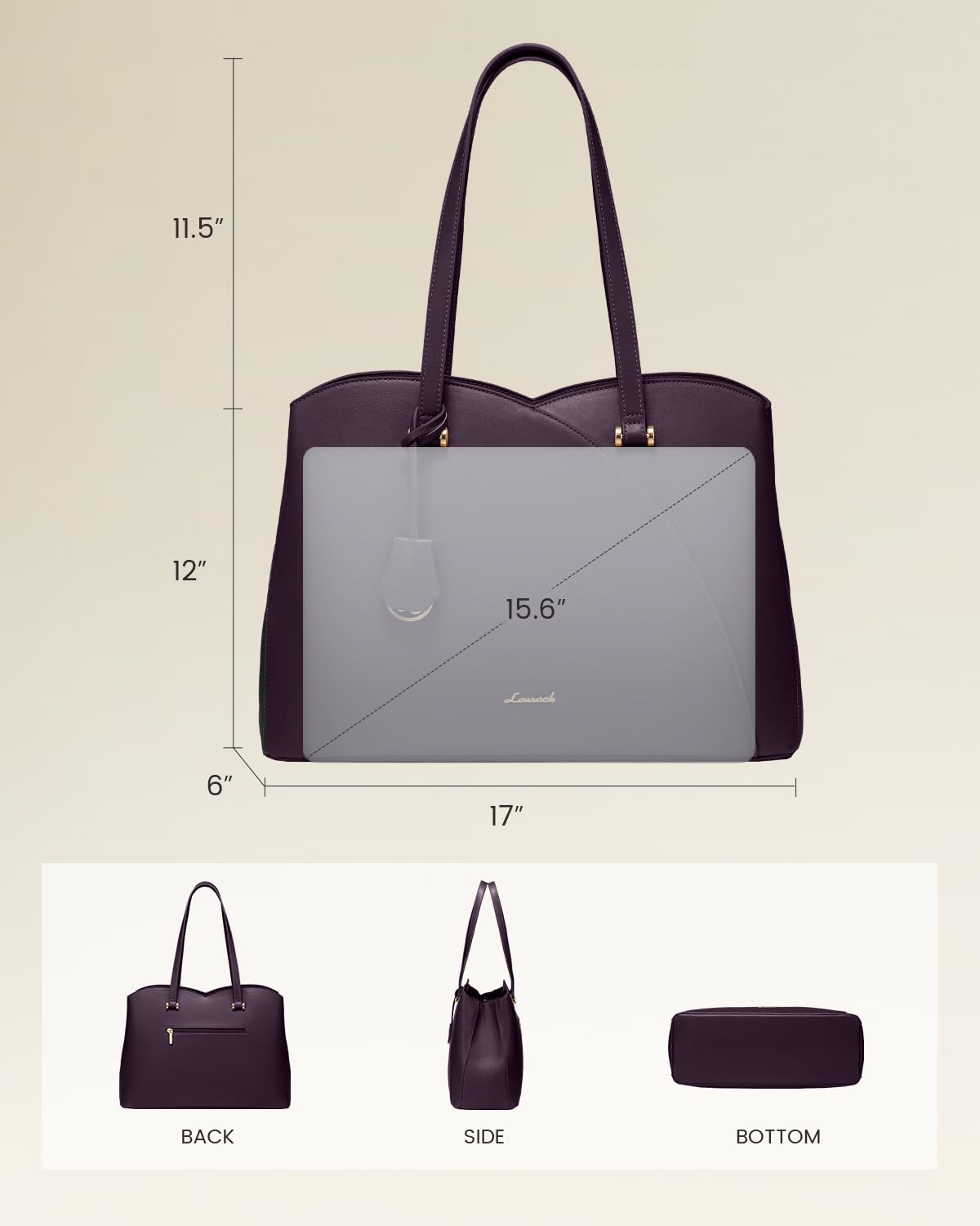LOVEVOOK Laptop Tote Bag for Women Teacher Work, Leather Tote Bags Laptop Bag, Professional Computer Bag Large Purses Fashion Handbag, Dark Purple, Fits 15.6 Inch Laptop