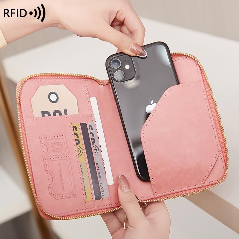 Genuine Leather Wallet Unisex Zipper Passport Holder RFID Blocking Waterproof - Vintage Travel Wallet (Pink)