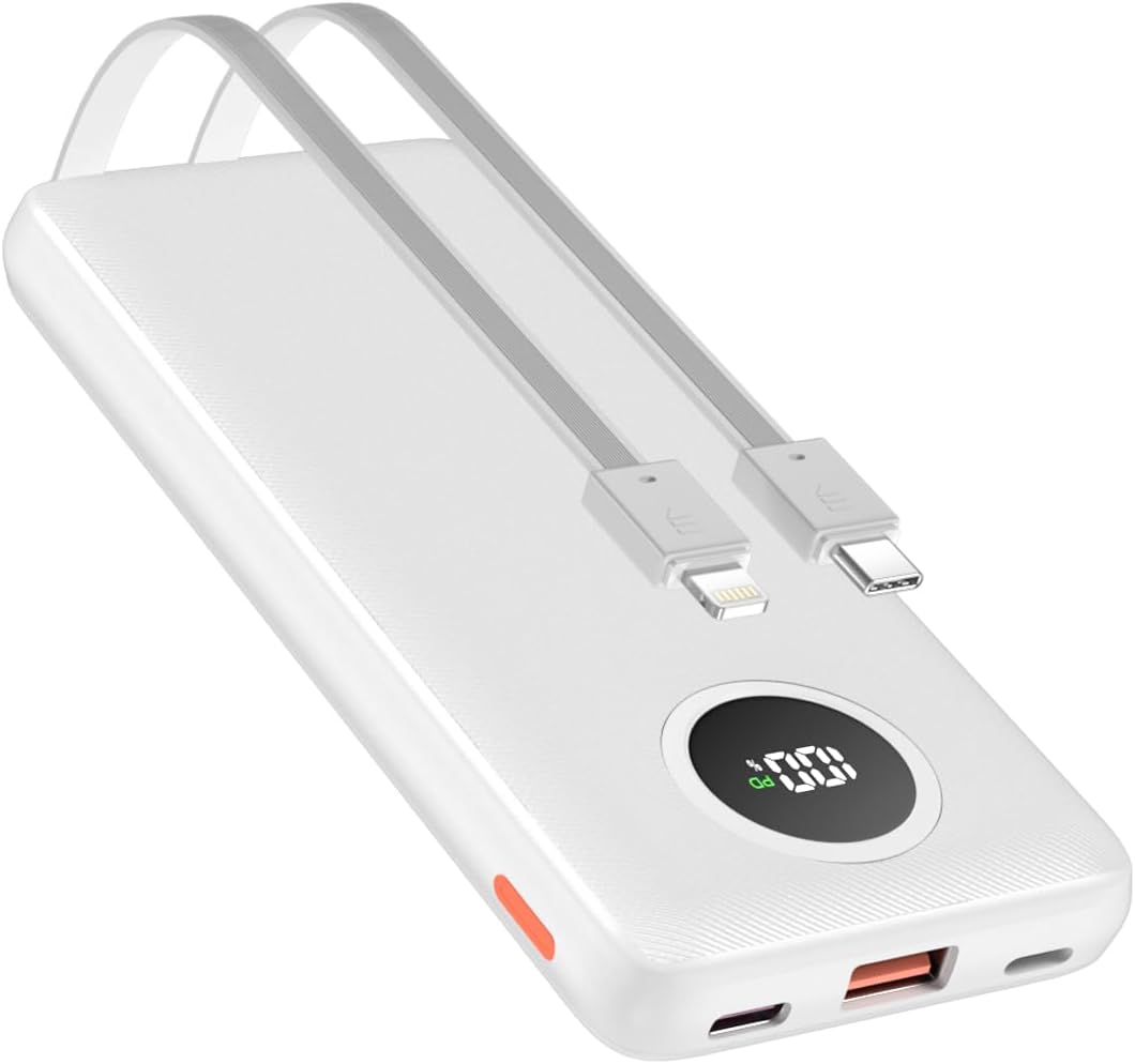 Portable Charger 10000mAh 22.5W PD/QC3.0 Fast Charging Power Bank with Built-in Lightning and Type-C Cables 5V-4.5A Slim for iPhone 16/15/14/13,Samsung,iPad,Tablets,Google Pixel,AirPods and More