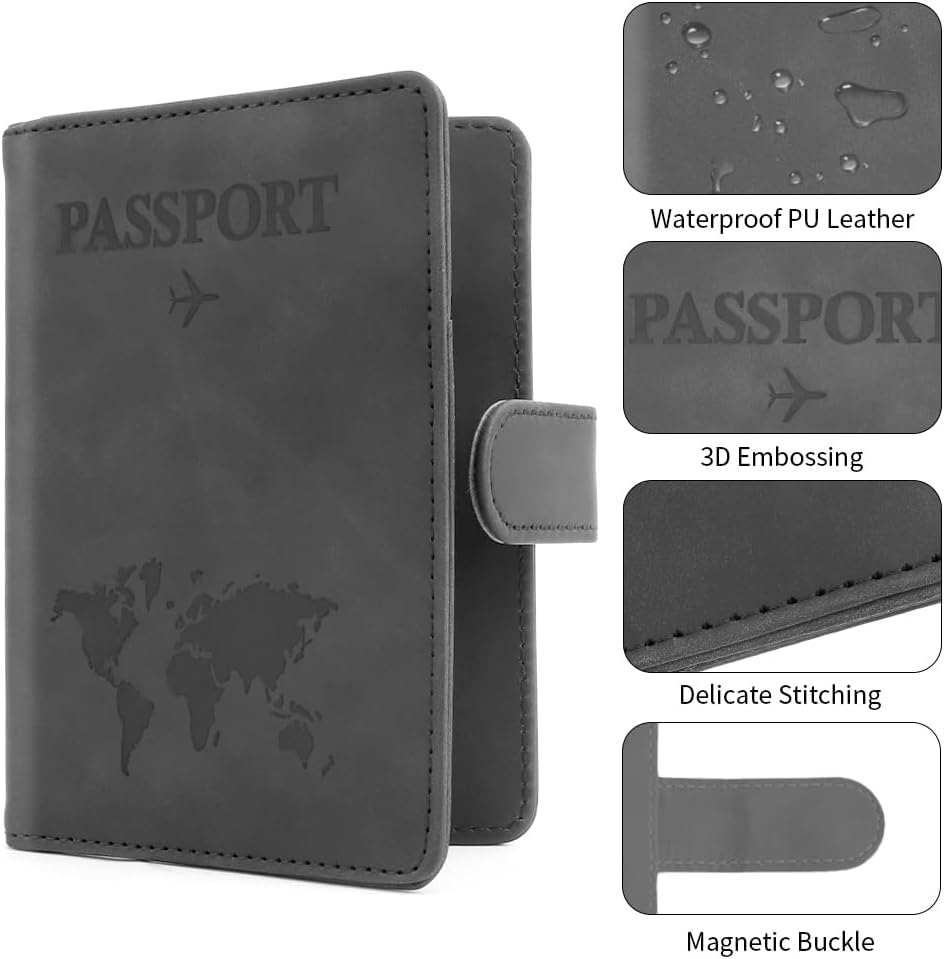 Passport Holder for Travel, Passport Cover Wallet, Premium PU Leather Passport Book Card Holder Case for Women Men, Waterproof RFID Blocking Flying Travelling Essentials Vacation Must Haves, Grey