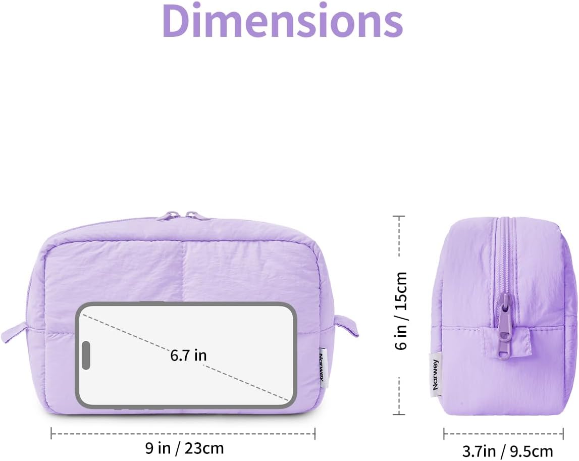 Narwey Puffy Makeup Bag for Travel Women Girl, Quilted Makeup Bag Cosmetic Bag, Cute Puffer Make Up Organizer Bags, Travel Toiletry Bag Toiletries (Purple)
