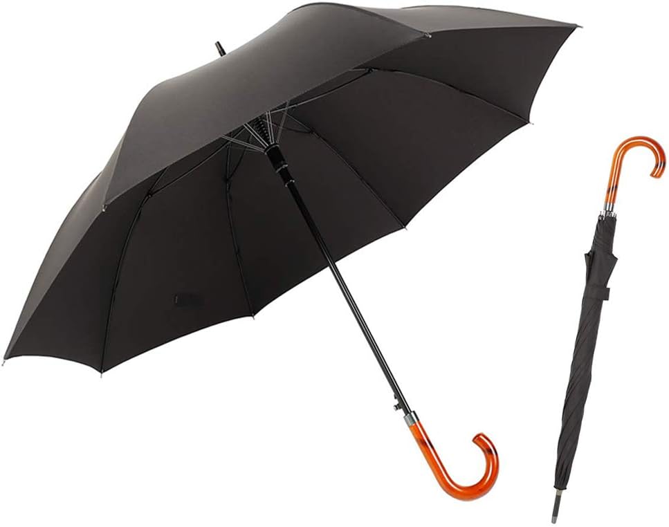 TIME LOVER Stick Umbrella Oversize Windproof Umbrella Wooden Hook Handle J Stick Automatic Open Fast Drying Umbrella for Men Women(Black)