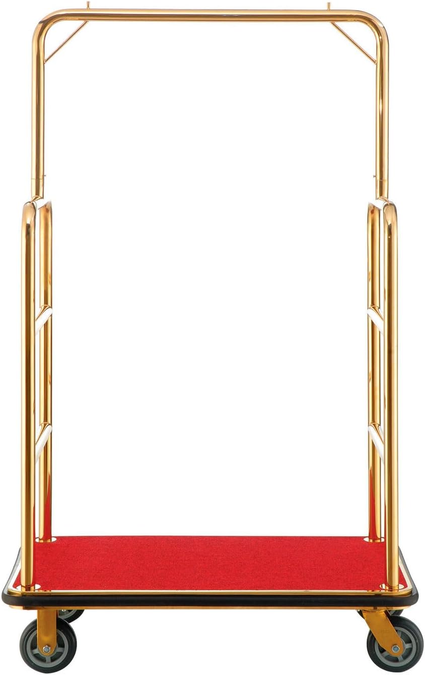 Global Industrial Gold Stainless Steel Bellman Cart Straight Uprights 6" Rubber Casters, 41-1/4"L x 24" W x 73" H, Hotel Luggage Cart for Commercial Use, Condos, Resorts