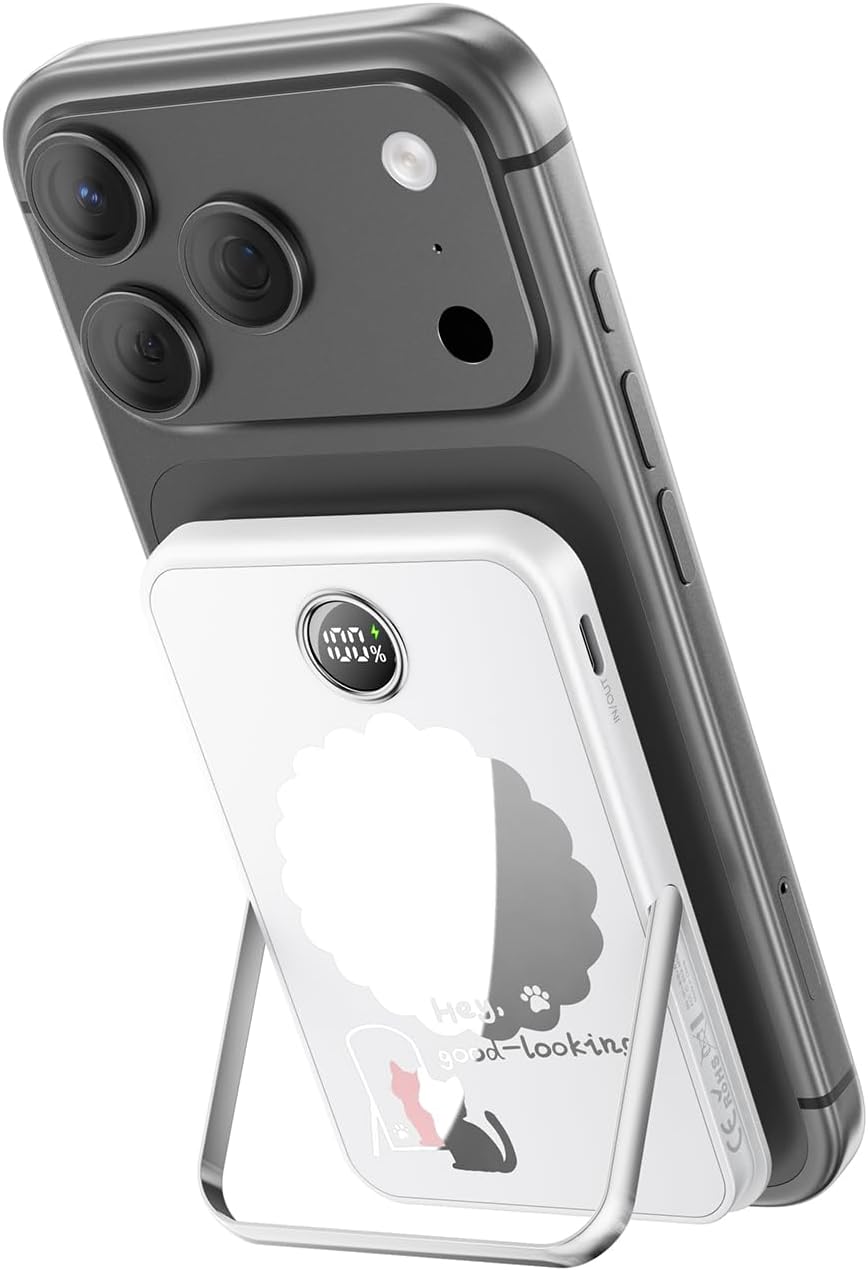 iWALK Magnetic Portable Charger 5,000mAh, Wireless Power Bank with Mirror & Foldable Stand, Ultra Slim Battery Pack with USB-C Cable, MagSafe Compatible for iPhone 17/16/16 Plus/16 Pro/15/14/13/12