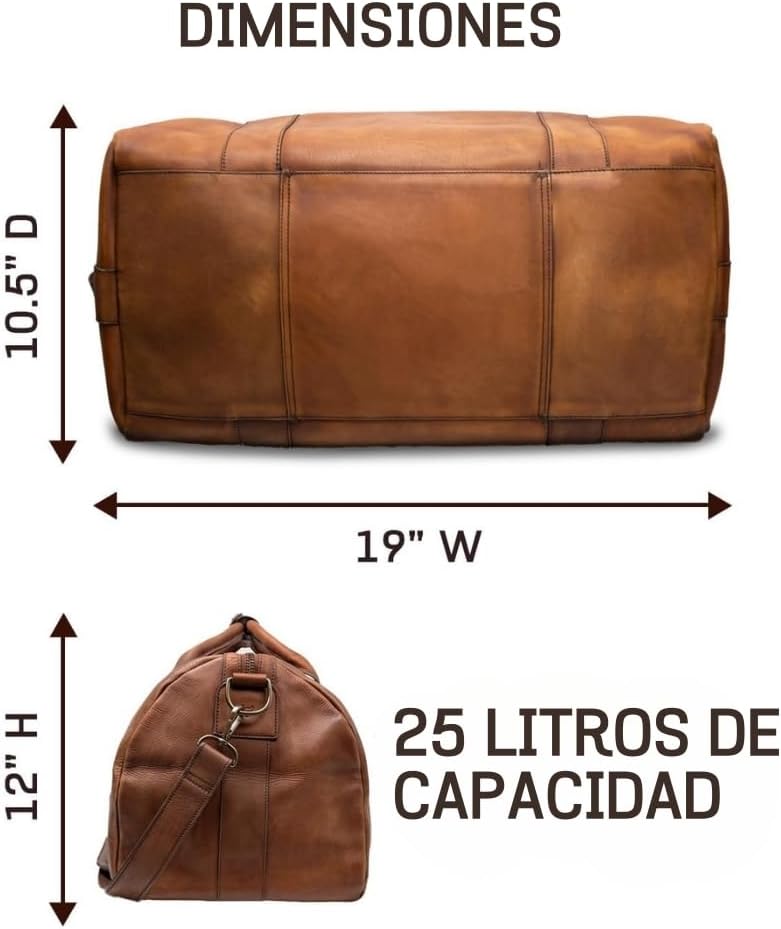 Full Grain Leather Duffle Bag – 25L Travel, Gym & Carry-On Weekender for Men | Handcrafted Overnight Bag with Brass Hardware, Vintage Style