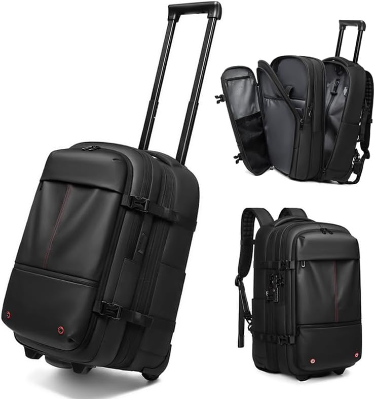 Fiordcase Vacuum Rolling Backpack with Vacuum System, Pump and Charging Port, Carry On Luggage with Vacuum Seal Bag, Wheels, TSA Lock, Travel Suitcase with Vacuum Compression Bag for 17" Laptop