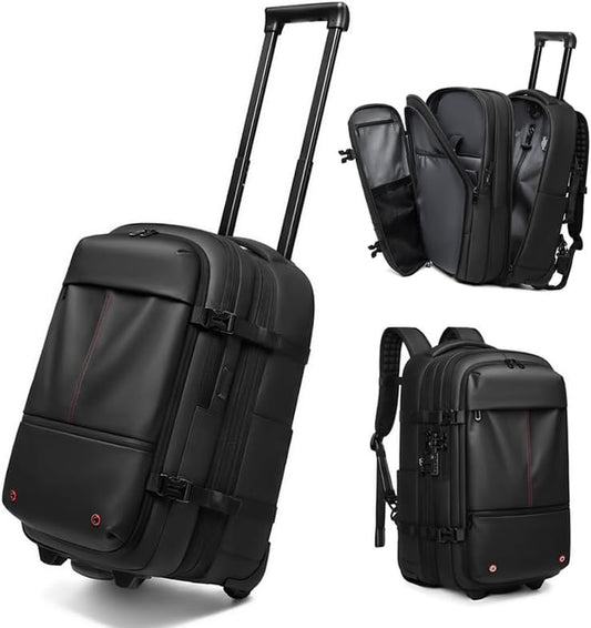 Fiordcase Vacuum Rolling Backpack with Vacuum System, Pump and Charging Port, Carry On Luggage with Vacuum Seal Bag, Wheels, TSA Lock, Travel Suitcase with Vacuum Compression Bag for 17" Laptop