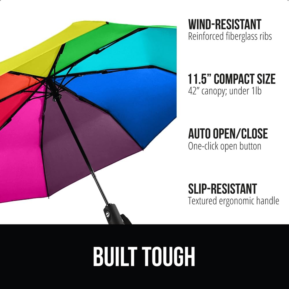 GORILLA GRIP Strong Windproof Stick Compact Umbrella for Rain, One-Click Automatic Open and Close, Durable Quick Dry Waterproof Material, Lightweight and Portable, Travel Size Fits Backpack, Rainbow