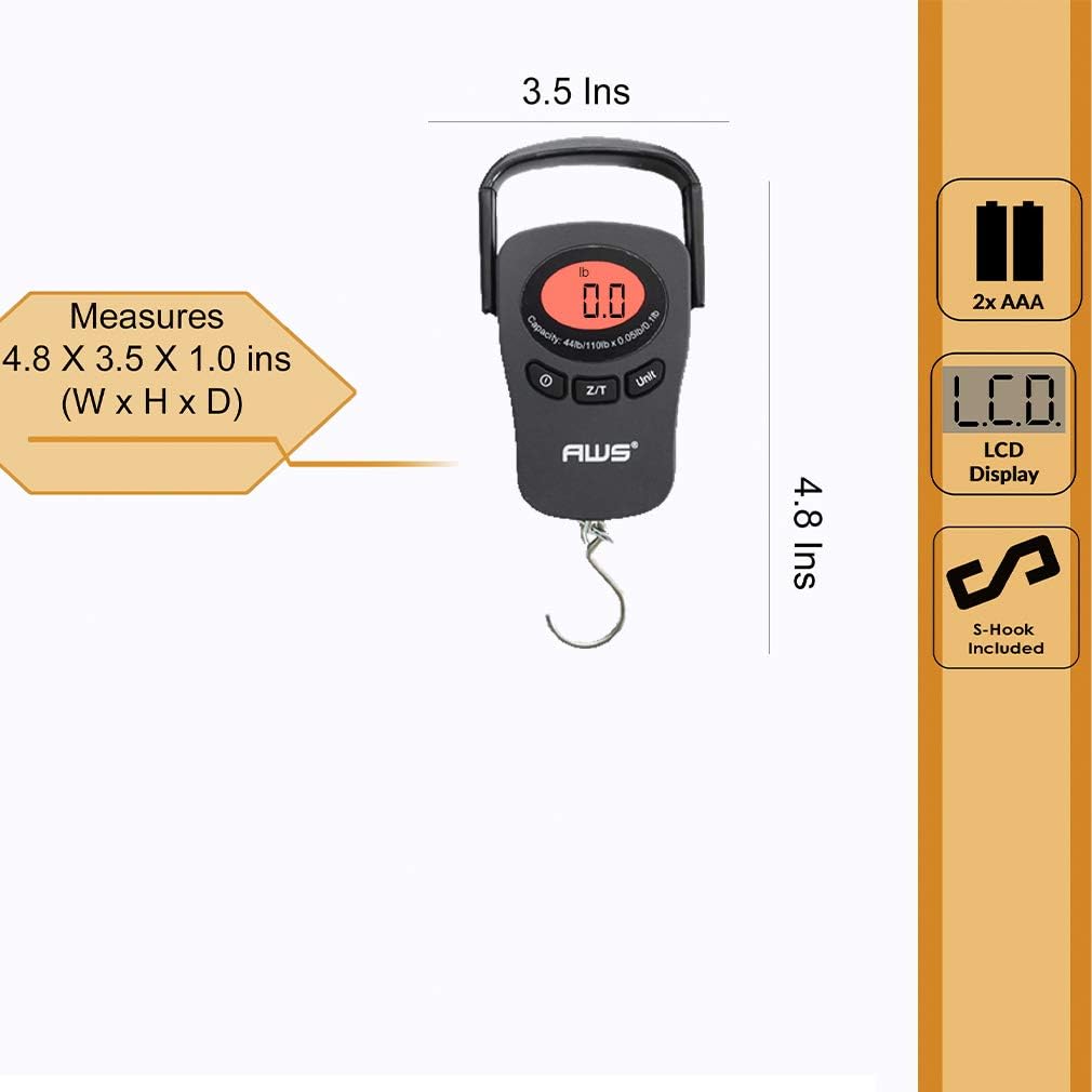 American Weigh Scales PK-110 Digital Hanging Scale – 110lb x 0.1lb Capacity, Red Backlit LCD Display, Portable Electronic Luggage & Fishing Scale (Black)