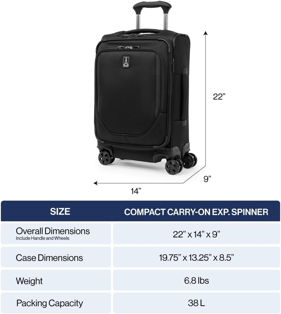Travelpro Crew Classic Lightweight Softside Expandable Carry on Luggage, 8 Wheel Spinner Suitcase