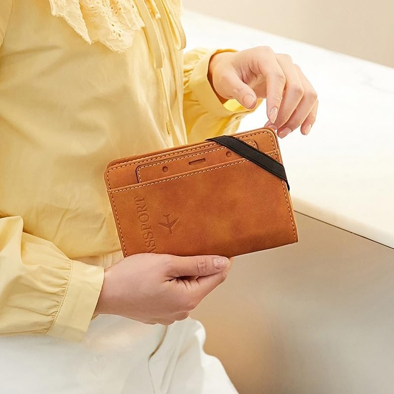 Unisex genuine leather wallet RFID shielding travel passport holder with card slots and pen holder (Brown)