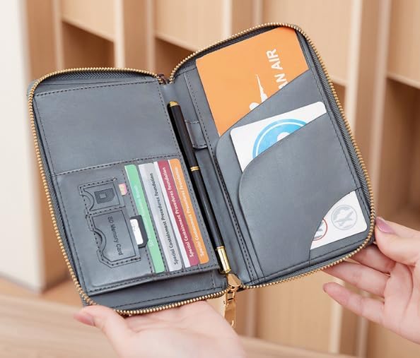 Unisex genuine leather wallet multifunctional RFID travel passport holder with protective cover (Grey)
