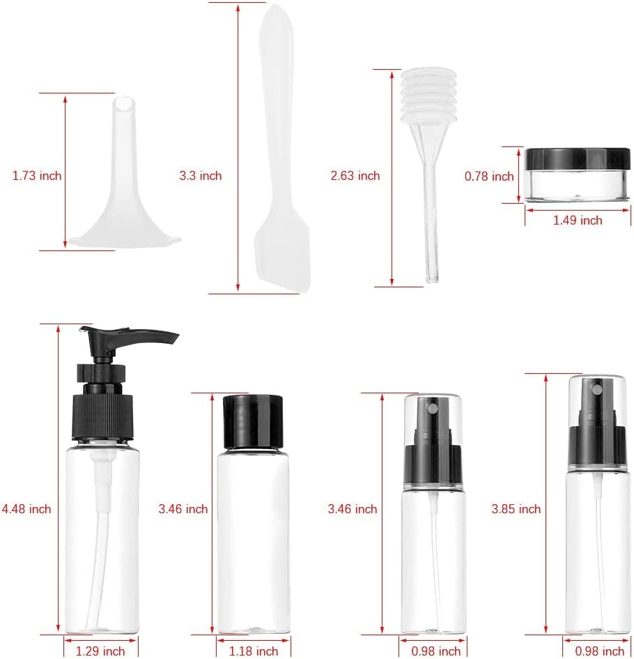 Vitog Travel Bottles Kit, TSA Approved Leak Proof Portable Toiletry Containers Set, Clear flight size PET Cosmetic Containers for Lotion, Shampoo, Cream, Soap, Set of 11 (Black+Plastic)