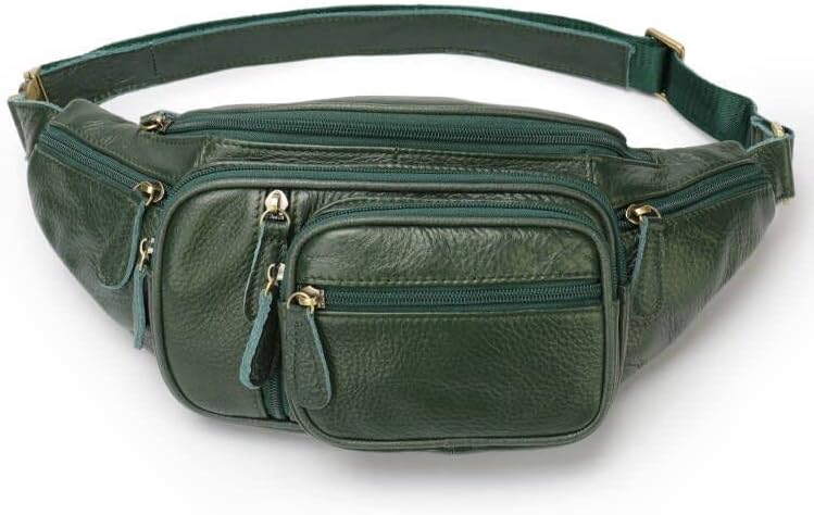 Genuine Leather Fanny Pack large capacity Crossbody Waist Bag with Zipper phone Pockets green