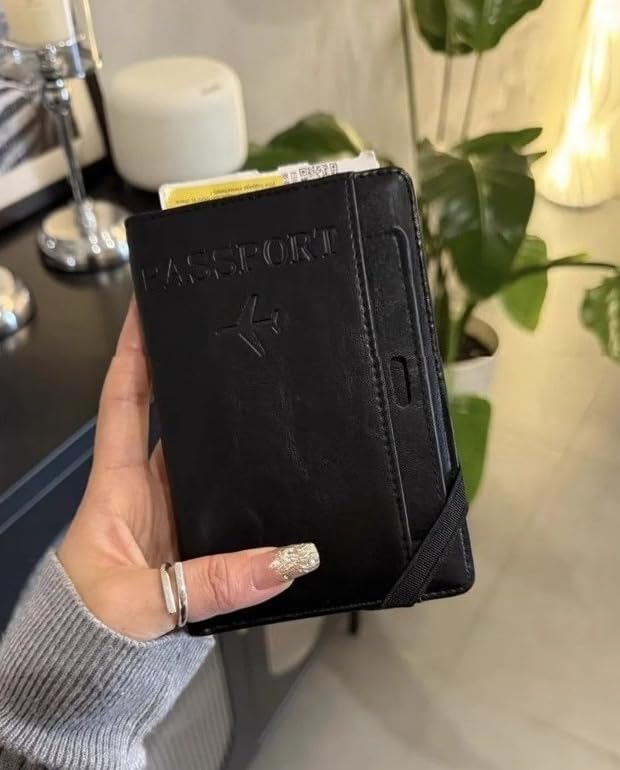 Unisex genuine leather wallet RFID shielding travel passport holder with card slots and pen holder (Black)