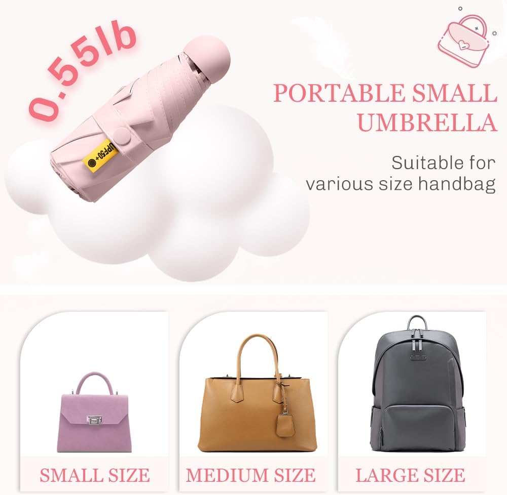 TOPSAIL Mini Umbrella Compact for Travel, UV Sun Protection(UPF50+), Waterproof for Light Rain