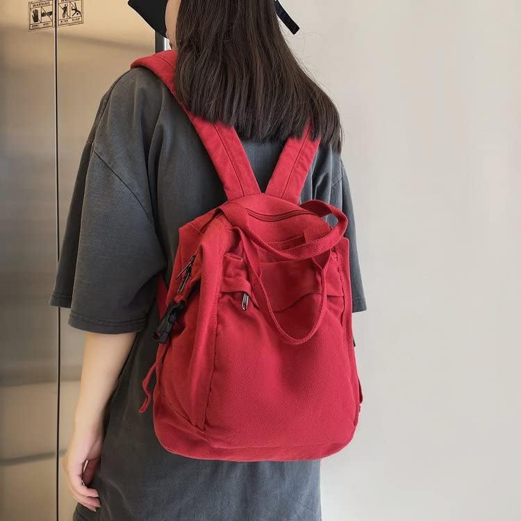 Small Boho Canvas Backpack for Women Vintage Style Outdoor Travel Bag Casual Daypack Grunge Aesthetic Hippie Y2K Backpack (Red,One Size)