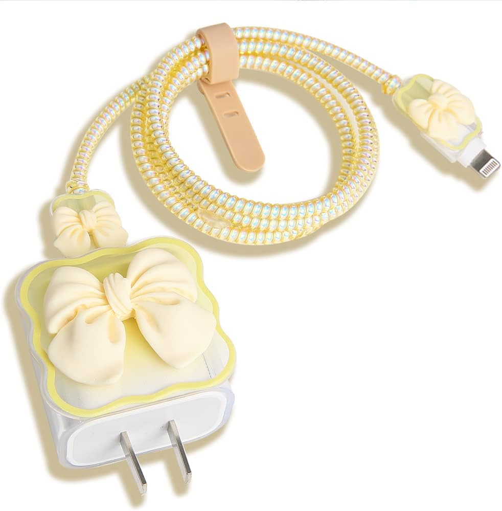 Compatible with iPhone 18W/20W USB-C Charger Cover Cute 3D Bow Tie Design Clear Soft Charger Protector Kawaii Cable Saver for iPhone 11 12 13 14 Pro Max Fast Power Adapter, Beige 2 (5in1)