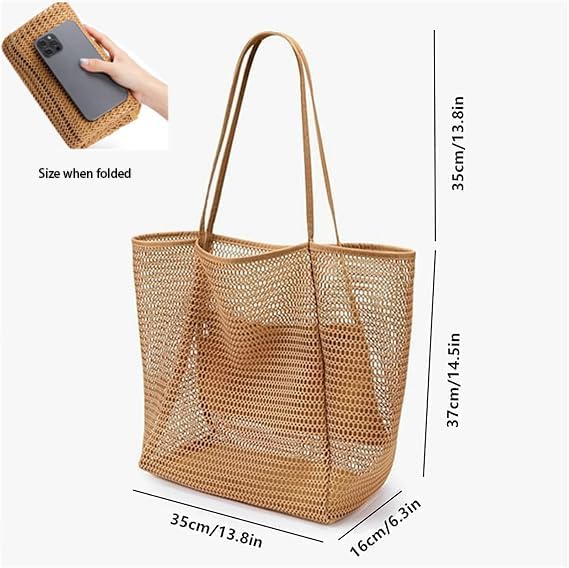 Mesh Beach Bag with Women - Ventilated Mesh Design with Inner Pocket -Vacation & Travel Have,Woven Shoulder Handbag