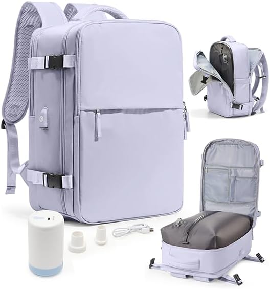 Vacuum Seal Travel Backpack with Air Pump,Compression Vacpack Waterproof Carry On Backpack for Travel Women Men with Vacuum System,Airlines Approved Daypack Laptop Space Saver Bags,Lilac