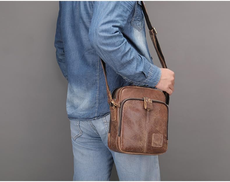 Genuine Leather Shoulder Bag for Men Crossbody Sling Bag Adjustable Small Messenger Purse Travel