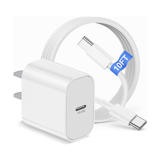 iPhone 17 16 15 Charger Block and 10ft Type C to C Cable Cord Long, 20W USB C Fast Charging Plug for Apple iPhone 17 Pro Max/17 Air/16 Pro Max/16 Plus/15 Pro/15/AirPods/iPad/Mini Wall Cube Brick Box