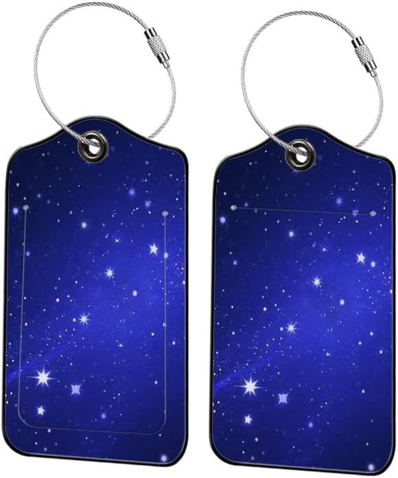 Starry Night Sky Leather Luggage Tags for Suitcases, 2 Pack Travel Bag Tags with Privacy Cover ID Label with Stainless Steel Loop for Women Men Girls Backpack Gift (Blue Purple)