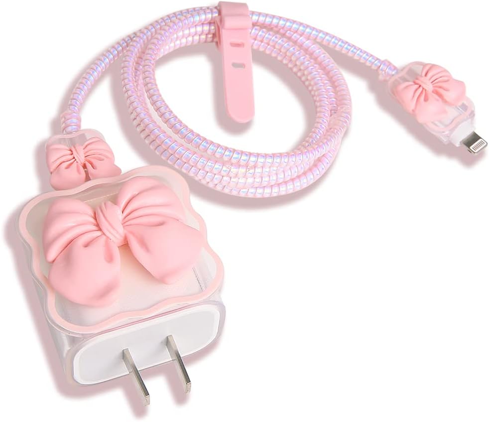 Compatible with iPhone 18W/20W USB-C Charger Cover Cute 3D Bow Tie Design Clear Soft Charger Protector Kawaii Cable Saver for iPhone 11 12 13 14 Pro Max Fast Power Adapter, Pink 2 (5in1)