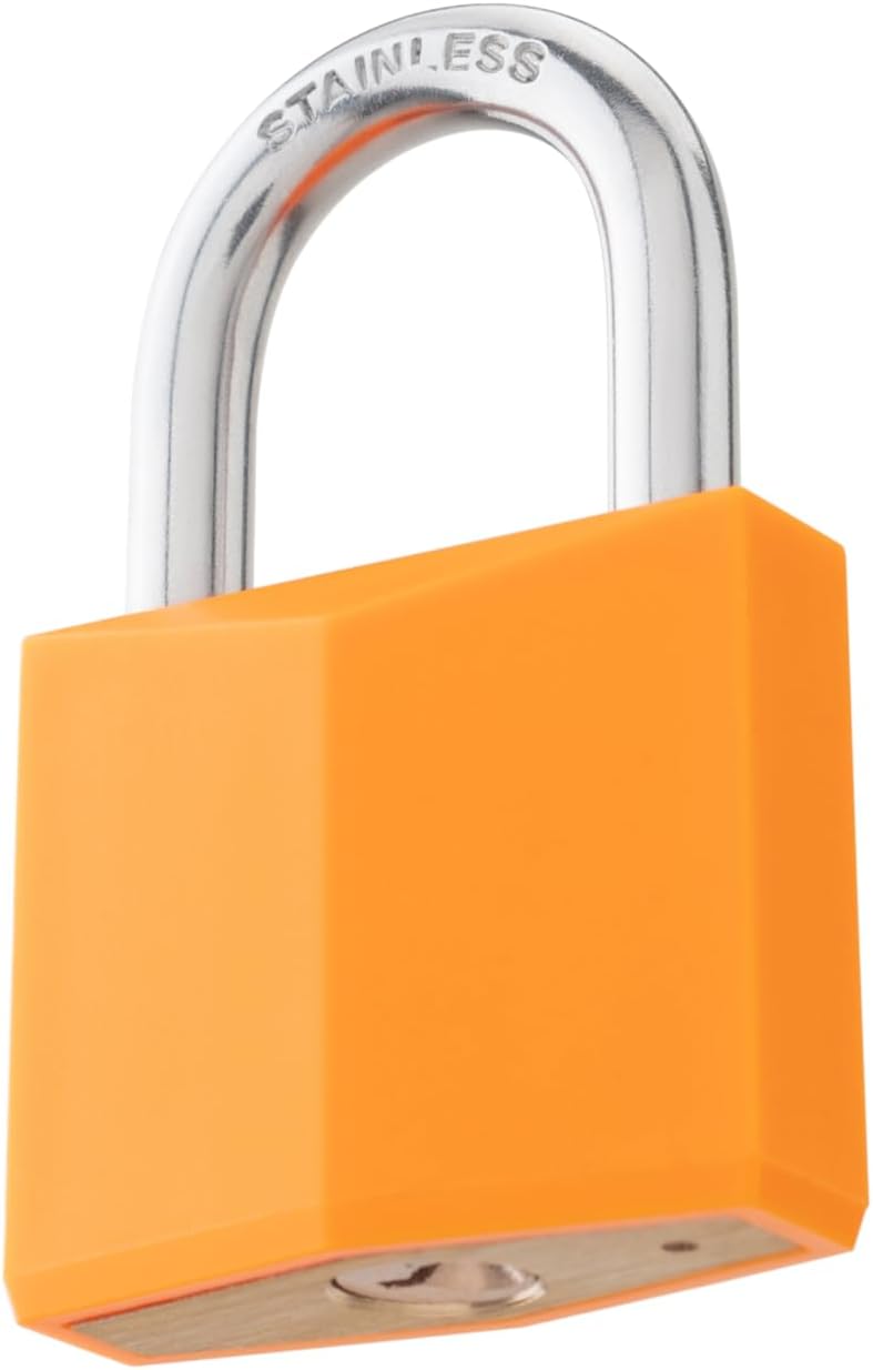 2-Pack Keyed Alike Locks, Orange Covered Brass Keyed Padlock with Stainless Steel Shackle, 1-9/16 Inch Lock Body, Rustproof Locks for Luggage Gate Fence Hasp Cabinet Toolbox Gym School Locker